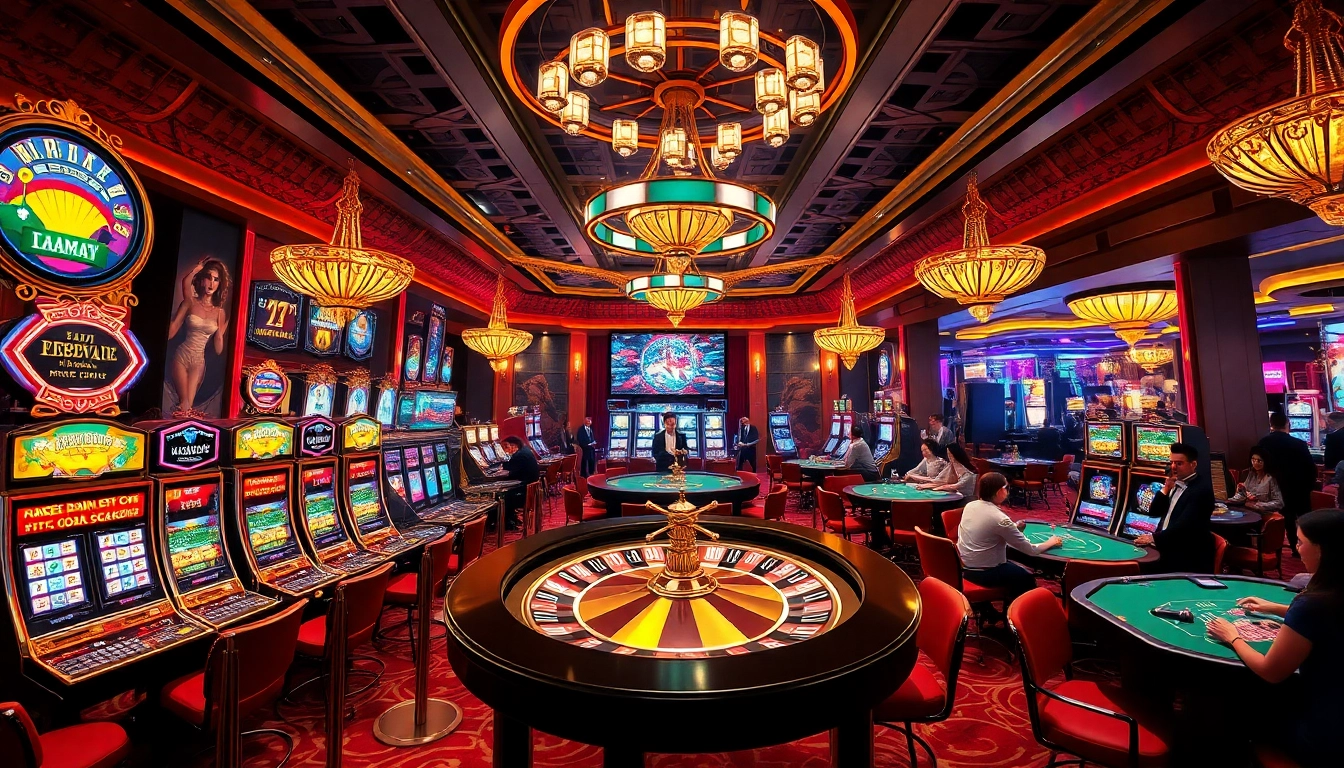 Experience the vibrant atmosphere of xin88go.com, featuring lively casino tables and slot machines illuminating the night.